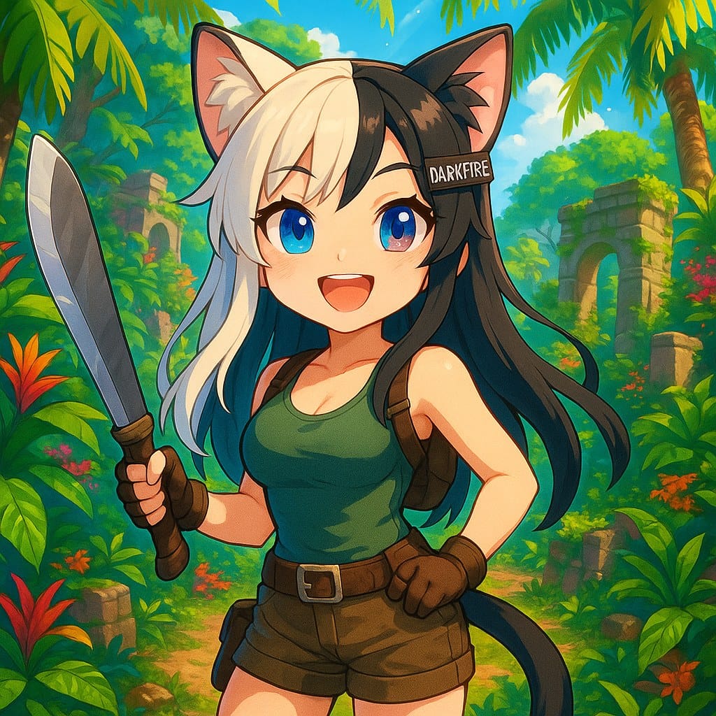 Darkfire catgirl avatar in a jungle setting