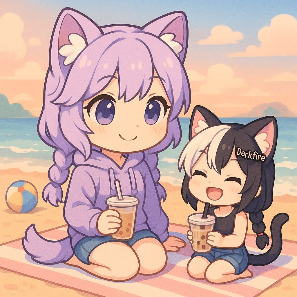 Wildy and a friend's avatar Darkfire sitting on a beach with bubble tea