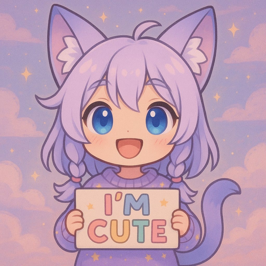 Chibi catgirl version of Wildy holding a sign that reads I'm cute