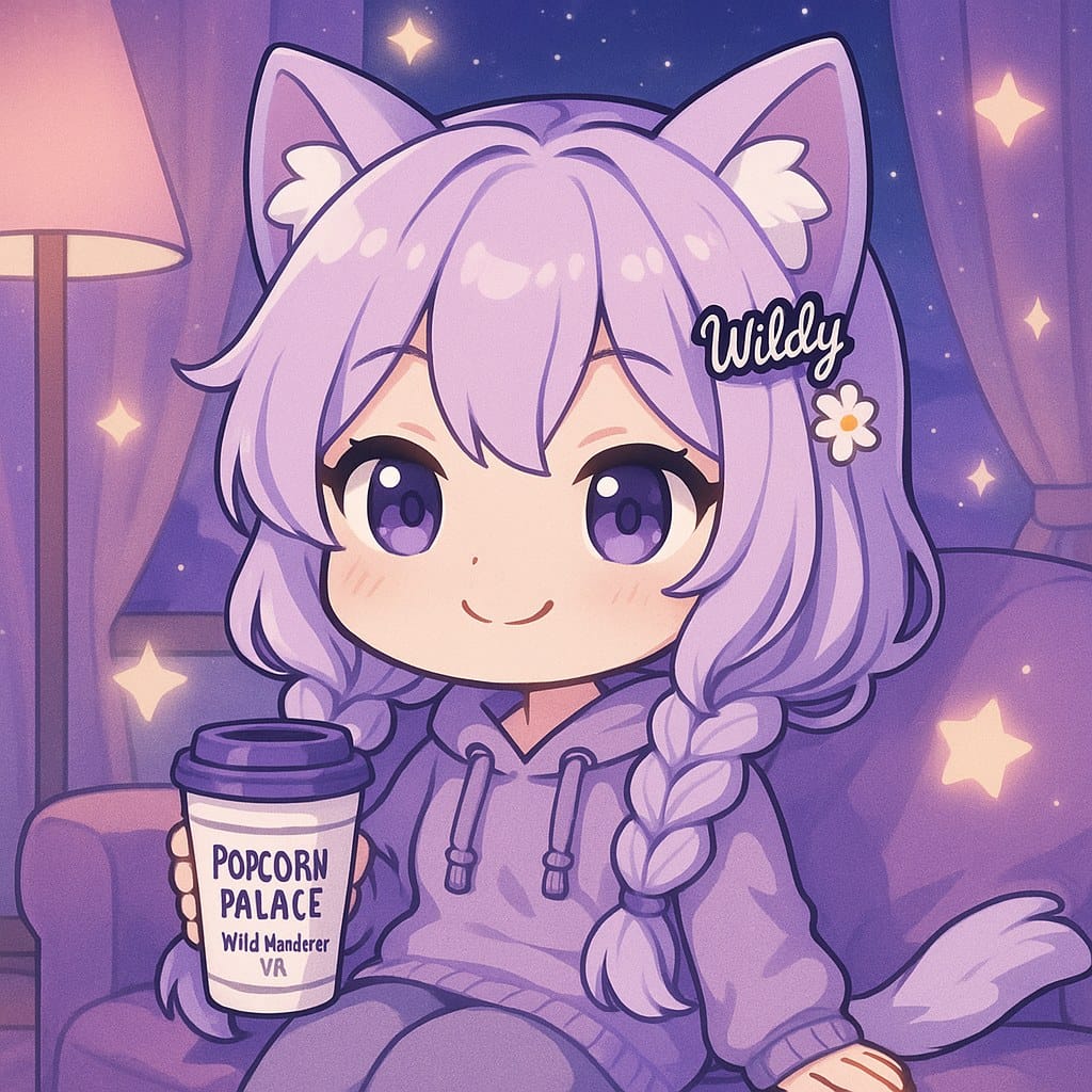 Wildy holding a coffee cup branded Popcorn Palace Wild Wanderer VR