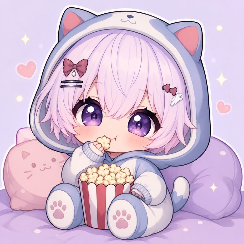 Wildy in a cat onesie eating popcorn