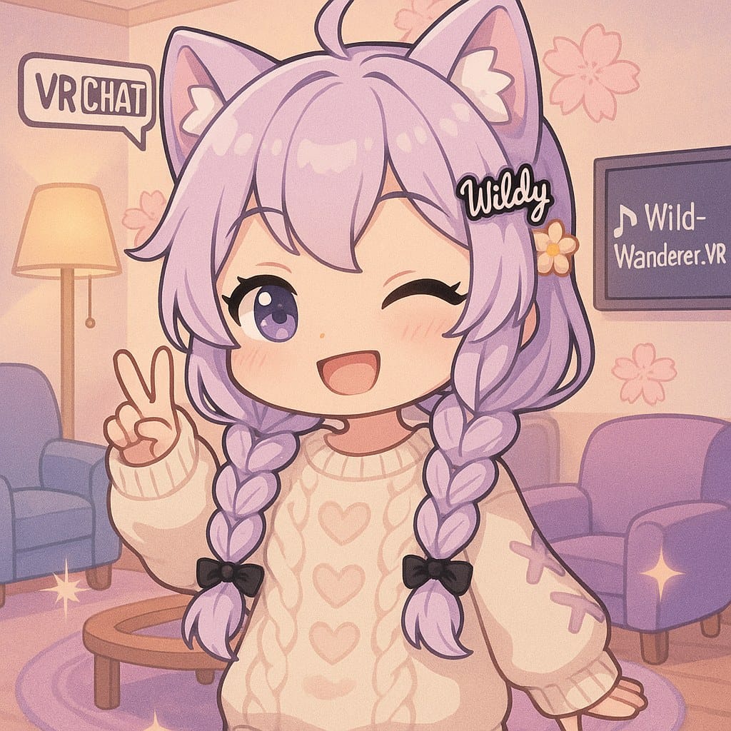 Cute chibi catgirl with lilac hair doing a peace sign, labelled Wildy, in a cosy VRChat themed room