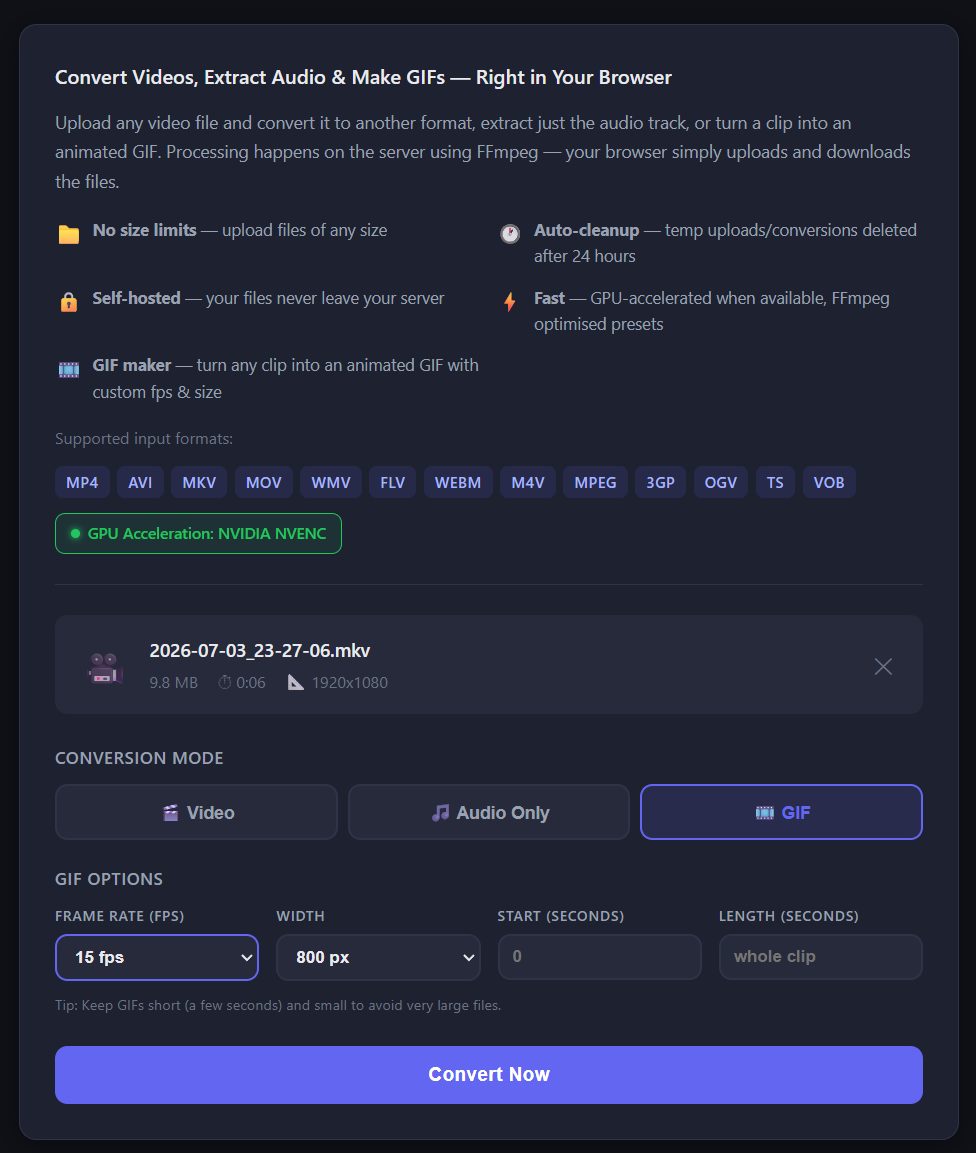 GIF mode with frame rate and width options