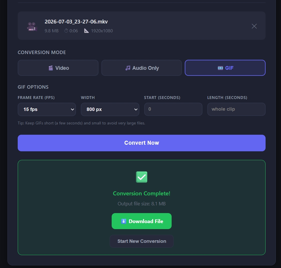 Conversion complete screen with download button