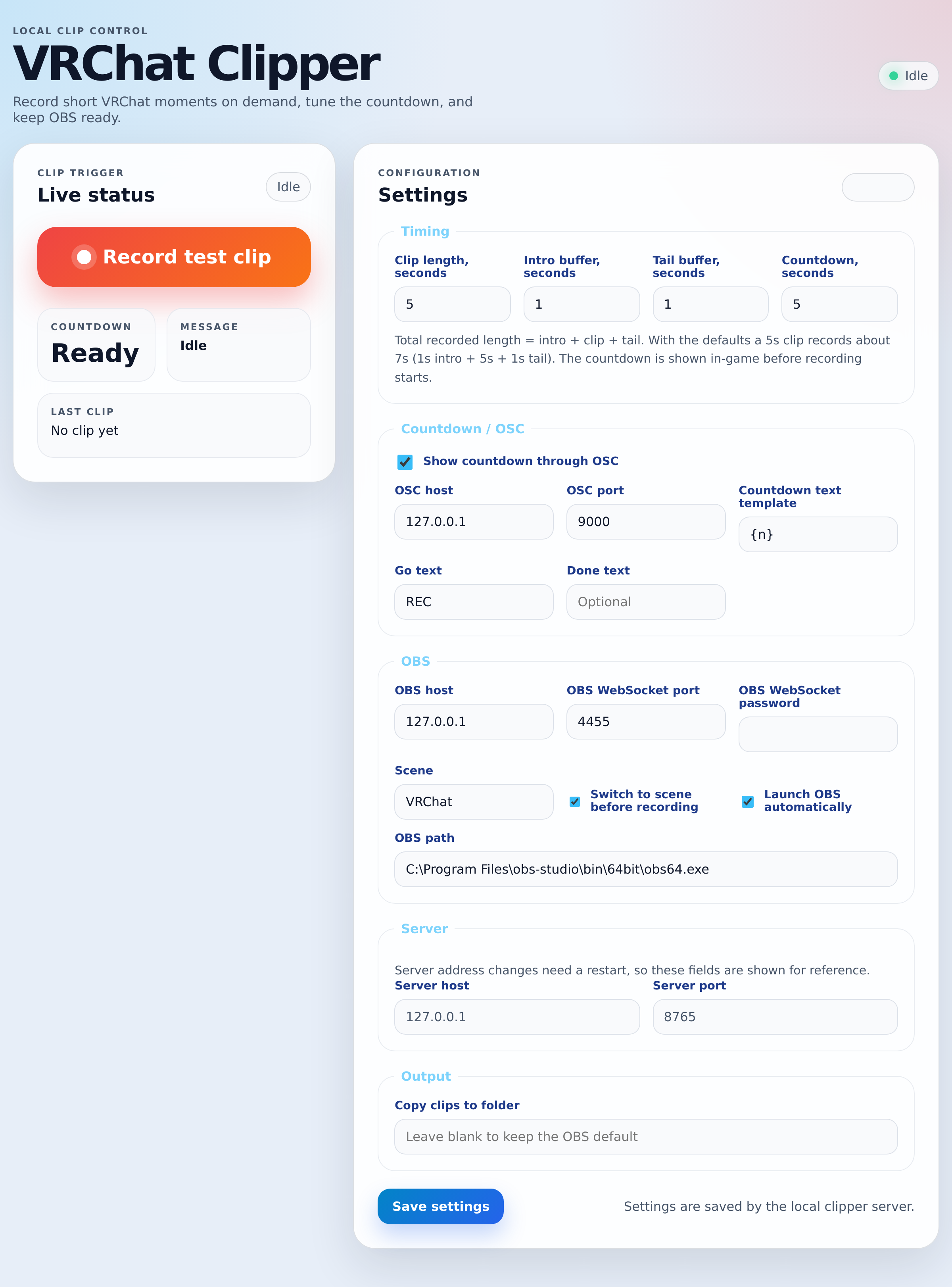 The VRChat Clipper web configuration page in a browser