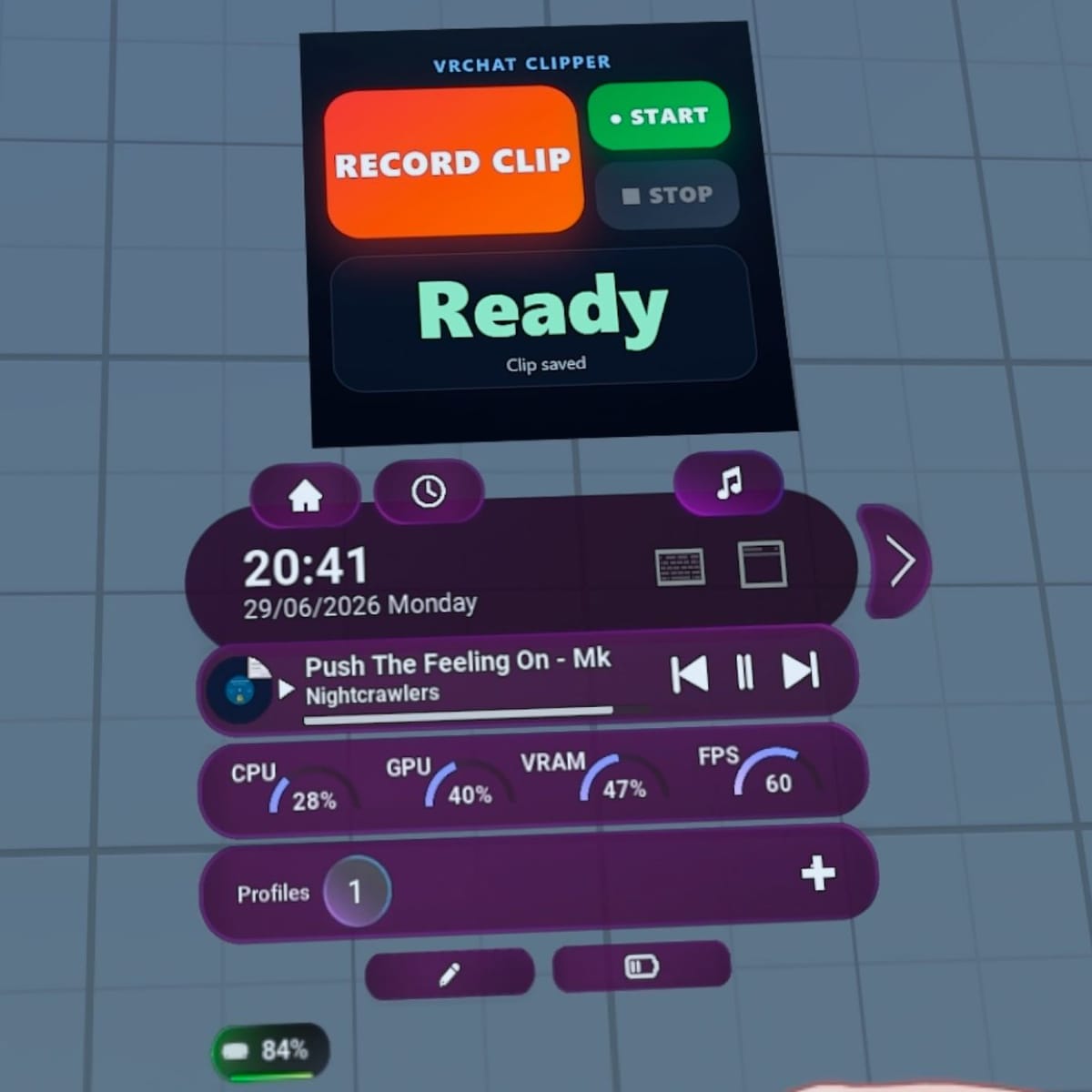 The VRChat Clipper wrist panel in VRChat