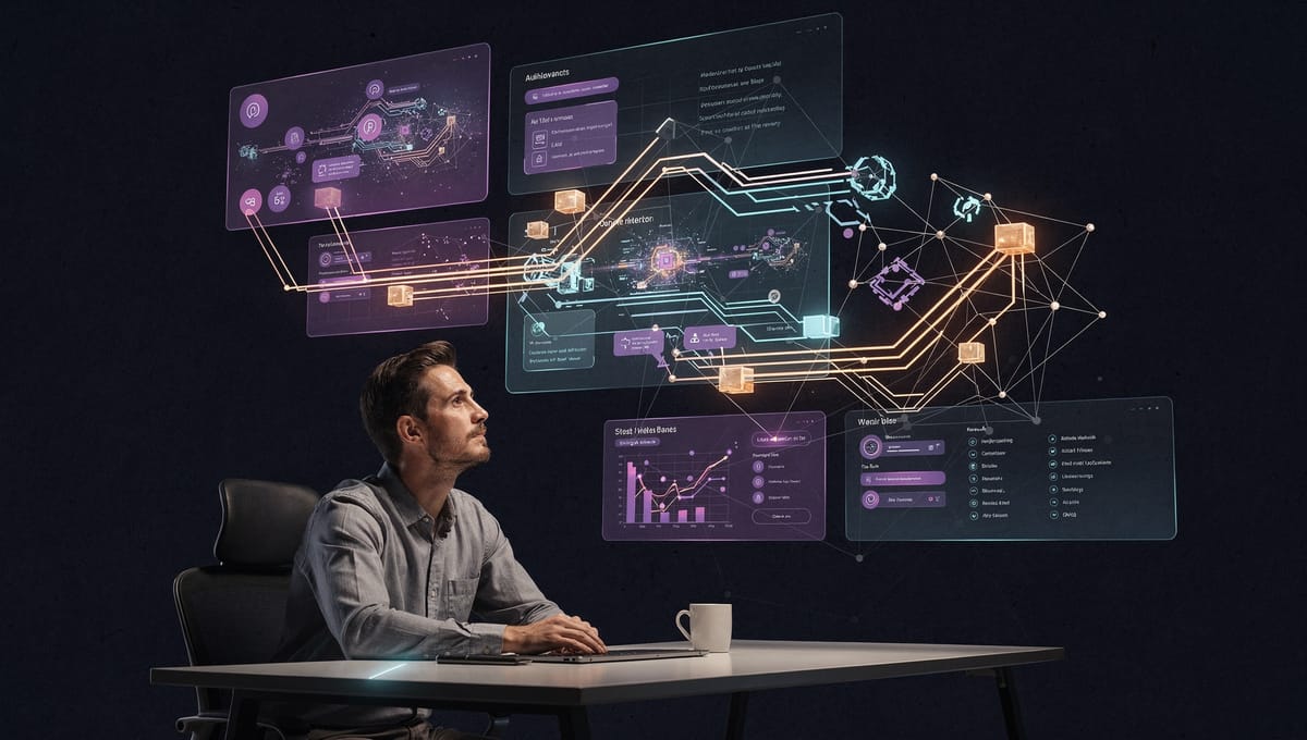 A human worker studying an abstract network of AI-assisted workflow panels