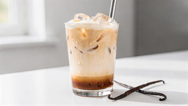 An iced vanilla latte in a clear glass with a metal straw, two vanilla pods on a white countertop