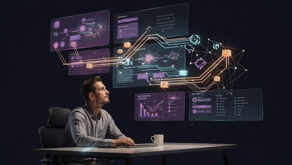 A human worker studying an abstract network of AI-assisted workflow panels