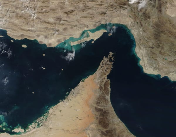 Satellite view of the Strait of Hormuz between southern Iran and the Musandam Peninsula, captured on 2 December 2020.