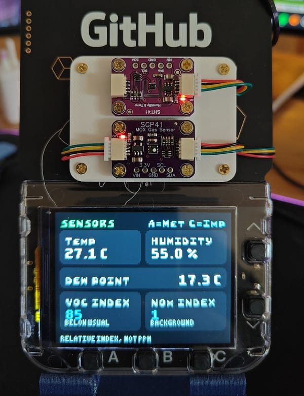 Finished GitHub Universe 2025 badge with SHT41 and SGP41 sensor mount